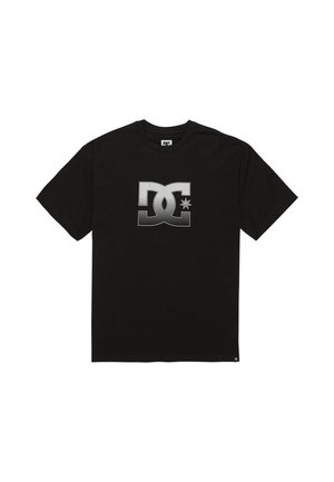Black t-shirt featuring a large gray DC logo with a star design. Simple and casual style, suitable for everyday wear.