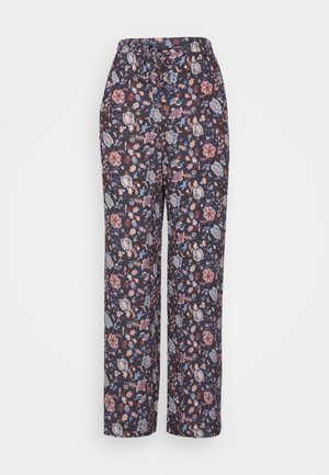Pantalon droit pour femmes avec taille élastique et motif floral multicolore sur fond sombre.