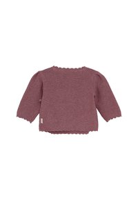 Mauve gestrickter Baby-Pullover mit langen Ärmeln und gewellten Kanten an den Bündchen, dem Saum und dem Ausschnitt, von hinten gezeigt.
