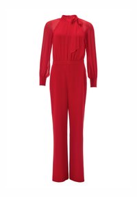 Rode jumpsuit met een hoge hals, lange doorzichtige mouwen, een strikdetail bij de kraag en een ontwerp met wijde broekspijpen. Glad stoftextuur.