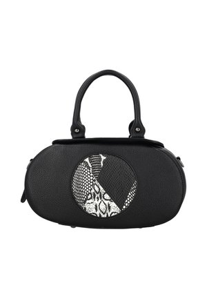 Geantă ovală neagră cu două mânere și un patch circular cu modele mixte de piele de șarpe alb-negru.
