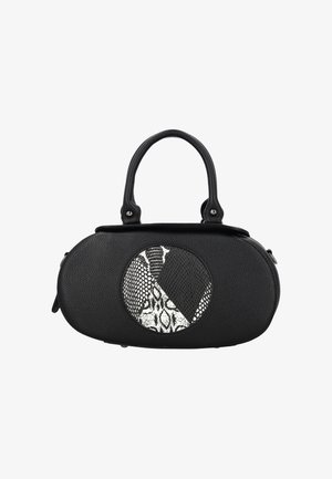 Geantă ovală neagră cu două mânere și un patch circular cu modele mixte de piele de șarpe alb-negru.