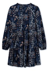 Námořnické modré šaty s květinovými vzory v bílé, červené a modré barvě. Dlouhé rukávy, nařasený výstřih a vrstvený design materiálu. Lehký materiál.