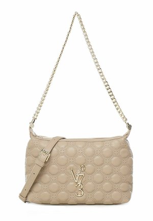 Borsa a tracolla in pelle beige con motivo a rombi, hardware dorato, tracolla removibile e logo del designer sul fronte.