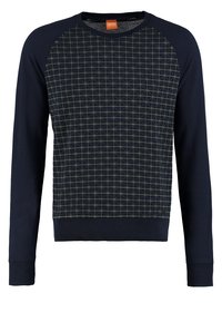 Sudadera de color azul marino con mangas largas y un patrón geométrico de líneas más claras en el panel frontal, con puños y dobladillo acanalados.