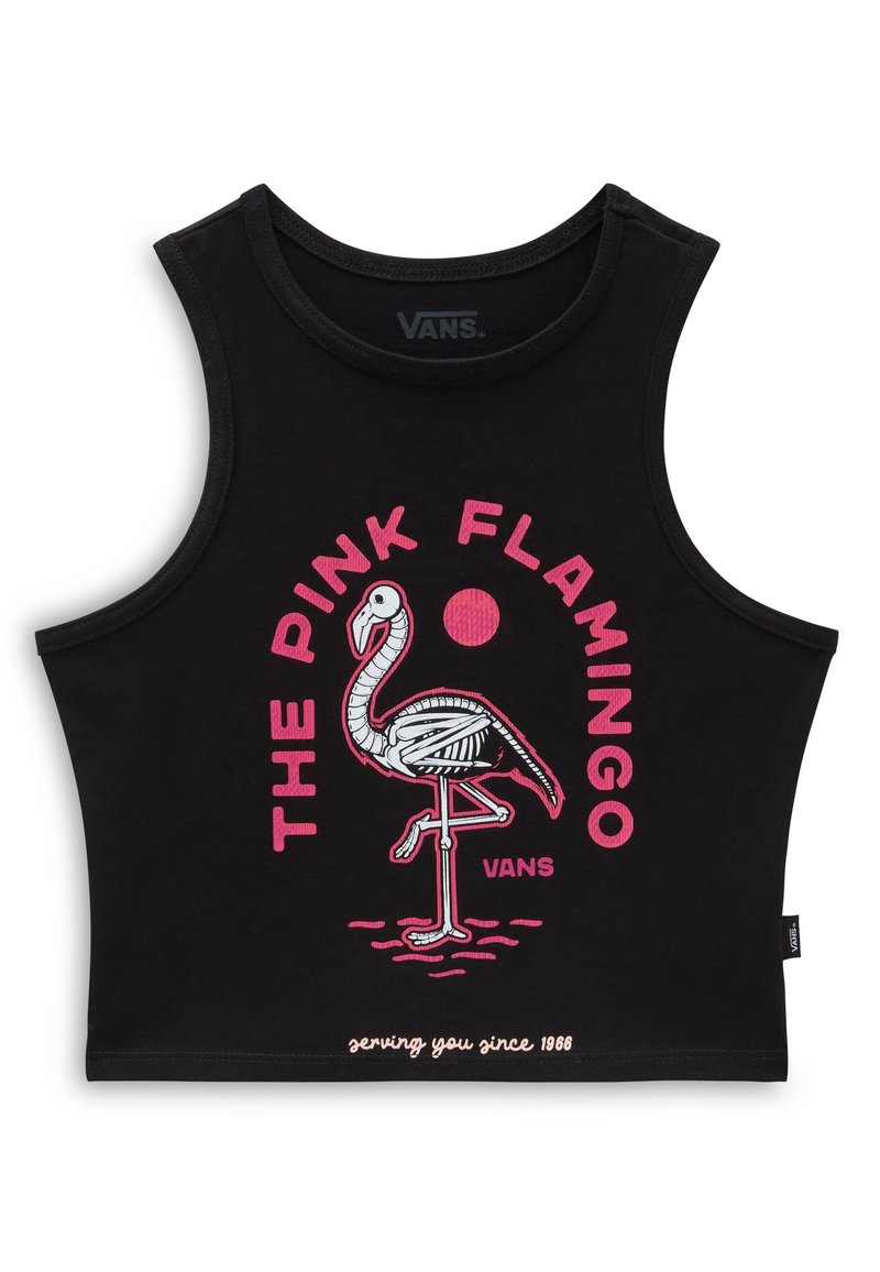 Czarny top bez rękawów z różowym graficznym wzorem flaminga o szkielecie. Napis brzmi "RÓŻOWY FLAMINGO" oraz "serwujemy od 1966 roku."