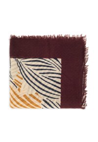 Wollschal mit bordeaurot Rand, kontrastierendem Musterbereich in Creme mit marineblauen und goldenen Streifen sowie ausgefransten Kanten.