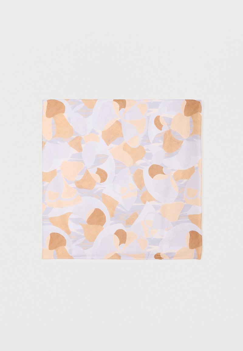 Square fabric with abstract beige and light purple overlapping shapes on a white background.
