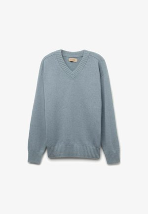 V-halstrui in zacht lichtblauw wol, met geribde boorden en zoom, in een klassieke pasvorm en met een gladde textuur.