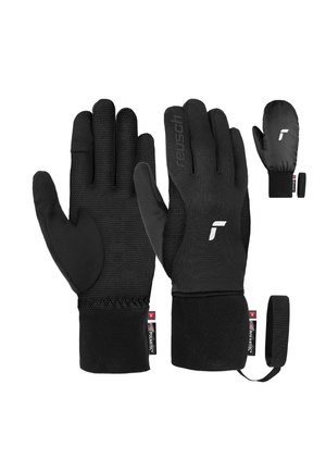Black gloves made of textured fabric with a smooth palm. Includes a removable mitten cover, elastic wrist, and branded detailing.