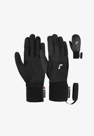 Black gloves made of textured fabric with a smooth palm. Includes a removable mitten cover, elastic wrist, and branded detailing.