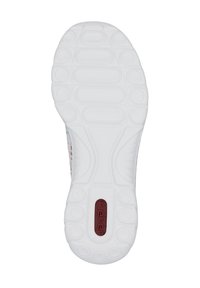 White sneaker sole with textured rubber, featuring circular and oval patterns. Red branding detail with "rieker" near the heel.