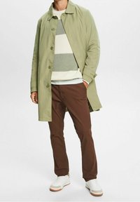 Uomo che indossa un cappotto verde chiaro con bottoni, un maglione a righe bianche e verdi, pantaloni marroni e sneakers bianche, in piedi con una mano in tasca.
