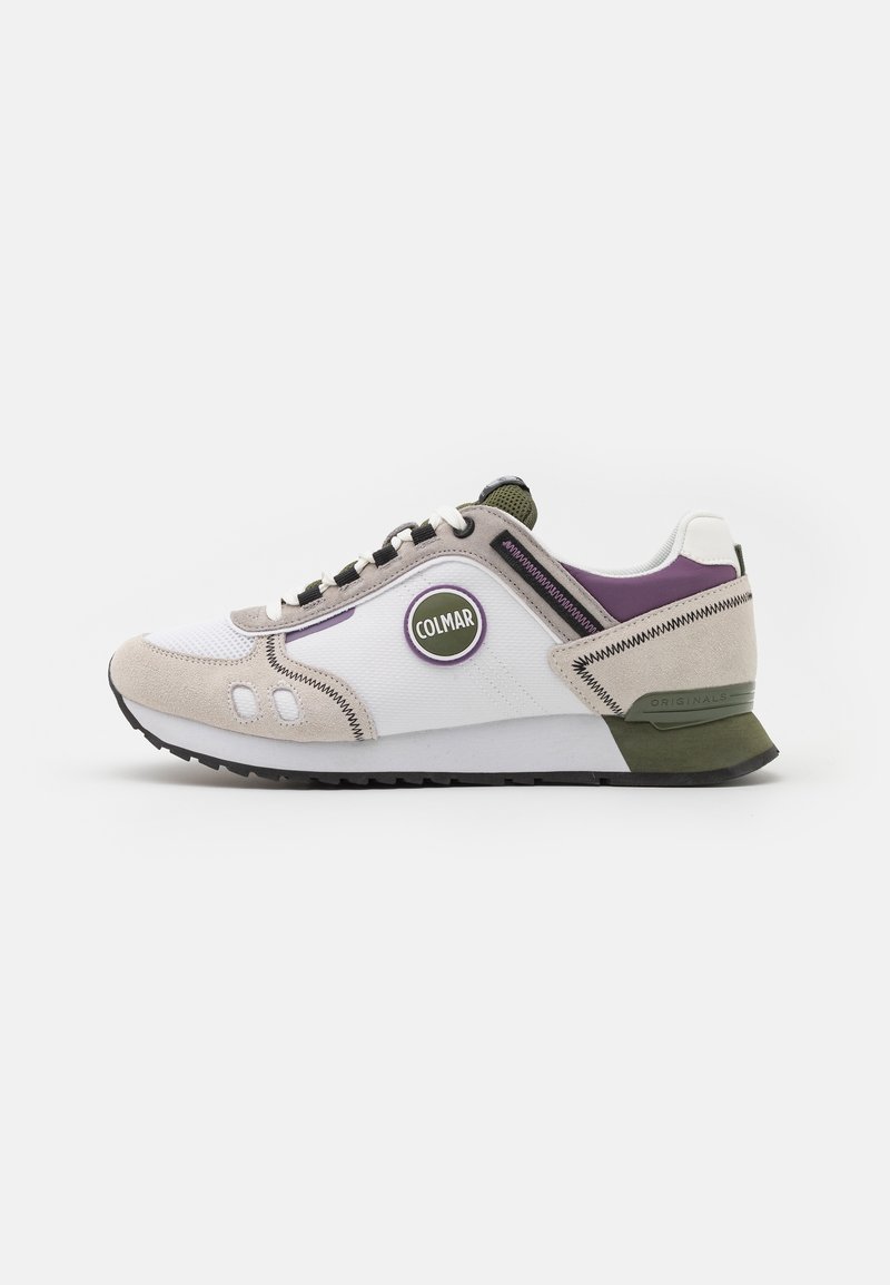 Low-top sneaker with white mesh, beige suede accents, purple and olive details, white laces, and black sole, featuring a round "Colmar" logo.