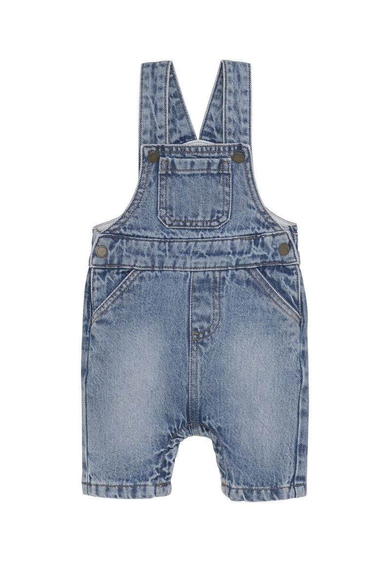 Jeansoveraller med justerbara axelband, med en framficka, två sidfickor och en ljusblå tvätt med svag slitageeffekt.