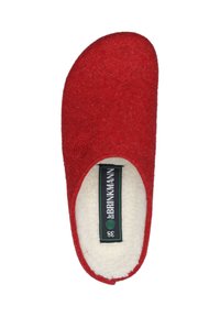 Red wool slipper with a smooth texture, rounded shape, and a white fleece lining. Features a circular logo and a green label. Size 38.