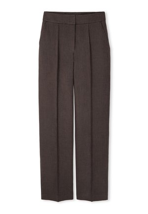 Brown linen trousers with a straight-leg design, two front pockets, and subtle pleats. The fabric has a textured finish.