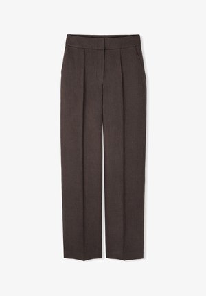 Brown linen trousers with a straight-leg design, two front pockets, and subtle pleats. The fabric has a textured finish.