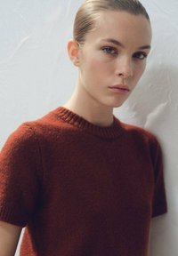 Pull en maille manches courtes couleur rouille avec encolure ronde ; texture douce et accents côtelés subtils sur les poignets et l'ourlet.