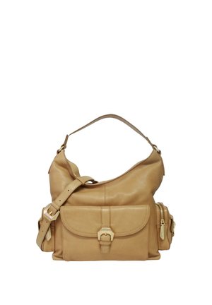 Borsa in pelle color cuoio con manico superiore, tasca frontale con fibbia, tasca laterale con cerniera e tracolla regolabile.