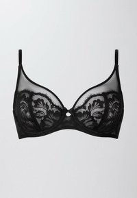 Black lace bra featuring a sheer mesh design, underwire support, floral patterns, adjustable straps, and a center embellishment.