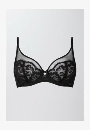 Black lace bra featuring a sheer mesh design, underwire support, floral patterns, adjustable straps, and a center embellishment.