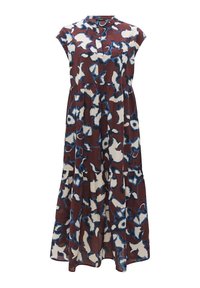 Midikleid mit floralen Mustern in Burgundy, Creme und Blau. Kappärmel, eine geknöpfte Leiste und eine geraffte Taille sorgen für eine gestufte Silhouette.