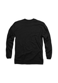 Schwarzes Langarm-T-Shirt mit Rundhalsausschnitt, flach ausgelegt, zeigt die Rückseite, mit gerippten Bündchen und einer glatten Stofftextur.