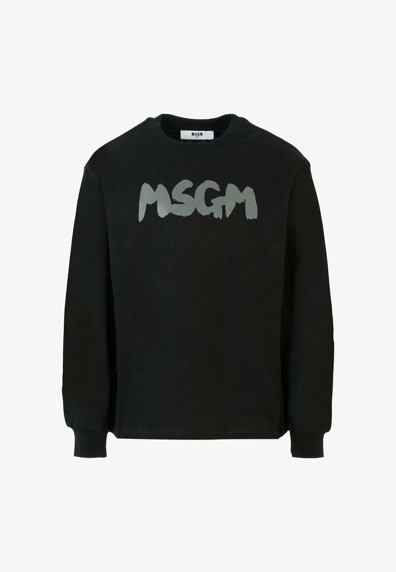 Felpa nera con maniche lunghe e colletto rotondo. Presenta un grande logo grigio "MSGM" testurizzato in un font artistico sulla parte anteriore.
