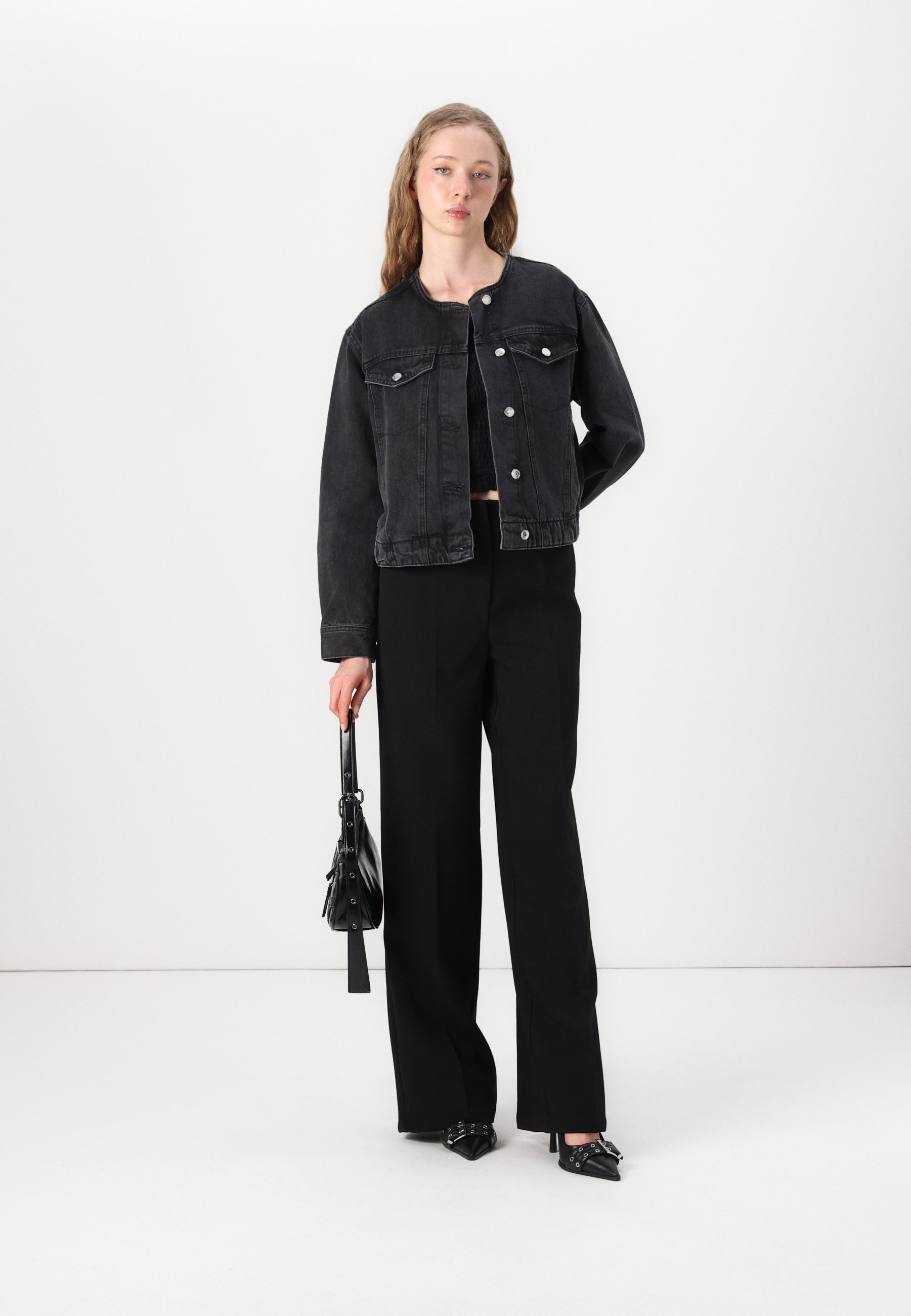 Gina Tricot COLLARLESS JACKET - Denim jacket - off black/black