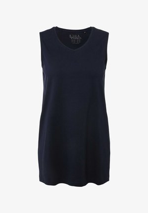 Navyblaues ärmelloses Oberteil mit V-Ausschnitt, aus weichem Stoff gefertigt, mit lockerer Passform und minimalen Nahtdetails.