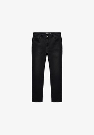 Pantalones vaqueros de mezclilla negra con un corte recto, cinco bolsillos y cremallera. El material tiene una textura suave y un color oscuro uniforme.