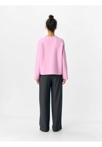 Felpa rosa con scollo rotondo, maniche lunghe e fit rilassato, abbinata a pantaloni a gamba larga grigio scuro. Texture liscia, design minimal.