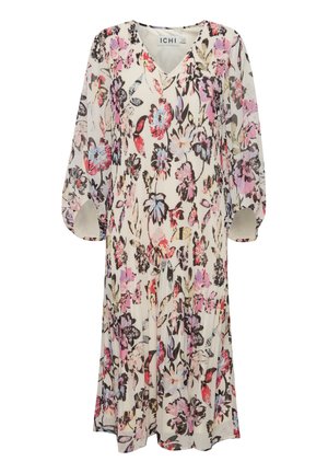 Blumenkleid mit V-Ausschnitt, langen Puffärmeln und plissiertem Rock. Hat einen cremefarbenen Hintergrund mit mehrfarbigen Blumen und blättrigen Akzenten.