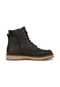 Schwarze Leder-Stiefelette mit seitlichem Reißverschluss, Schnürung vorne, grauer Innenauskleidung und leicht brauner Gummisohle. Strukturierte Oberfläche und gestickte Akzente.