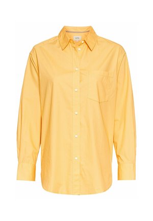 Geel langarm T-shirt van katoen, met een button-down kraag, een voorzak, enkele knopen bij de manchetten en stiksel accenten.