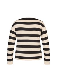 Schwarz-weiß gestreifter Pullover mit langen Ärmeln und Rundhalsausschnitt, der eine weiche Textur und eine gerade Passform bietet.