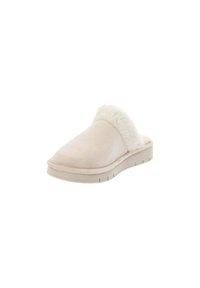 Lichtbeige slipper met een faux fur kraag, zacht suède-achtig materiaal, ronde neus en een gewatteerde, textuur geprofileerde zool. Casual ontwerp.