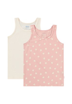 Due canotte senza maniche per bambini, una in crema tinta unita e una rosa con motivi di cuori bianchi, adagiate su uno sfondo bianco.