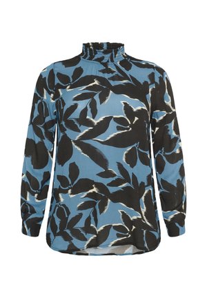Camisa de manga larga en azul con estampado de hojas en negro y blanco. Presenta un cuello alto y recogido y un dobladillo curvado. Tela suave y texturizada.