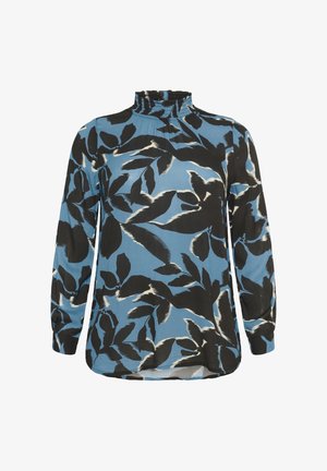 Mėlyna ilgo rankovėmis marškinėliai su juodais ir baltais lapų raštais. Šie marškinėliai turi aukštą, rinktą apykaklę ir išlenktą apatinę kraštinę. Minkšta, tekstūruota medžiaga.