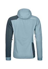 Hooded jacket in light blue with dark blue accents, featuring zippered pockets and a smooth texture. Designed for outdoor activities.