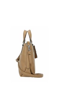Beige leren handtas met een gestructureerde oppervlakte, dubbele handvatten aan de bovenkant, afneembare schouderriem en zilveren hardware accenten.