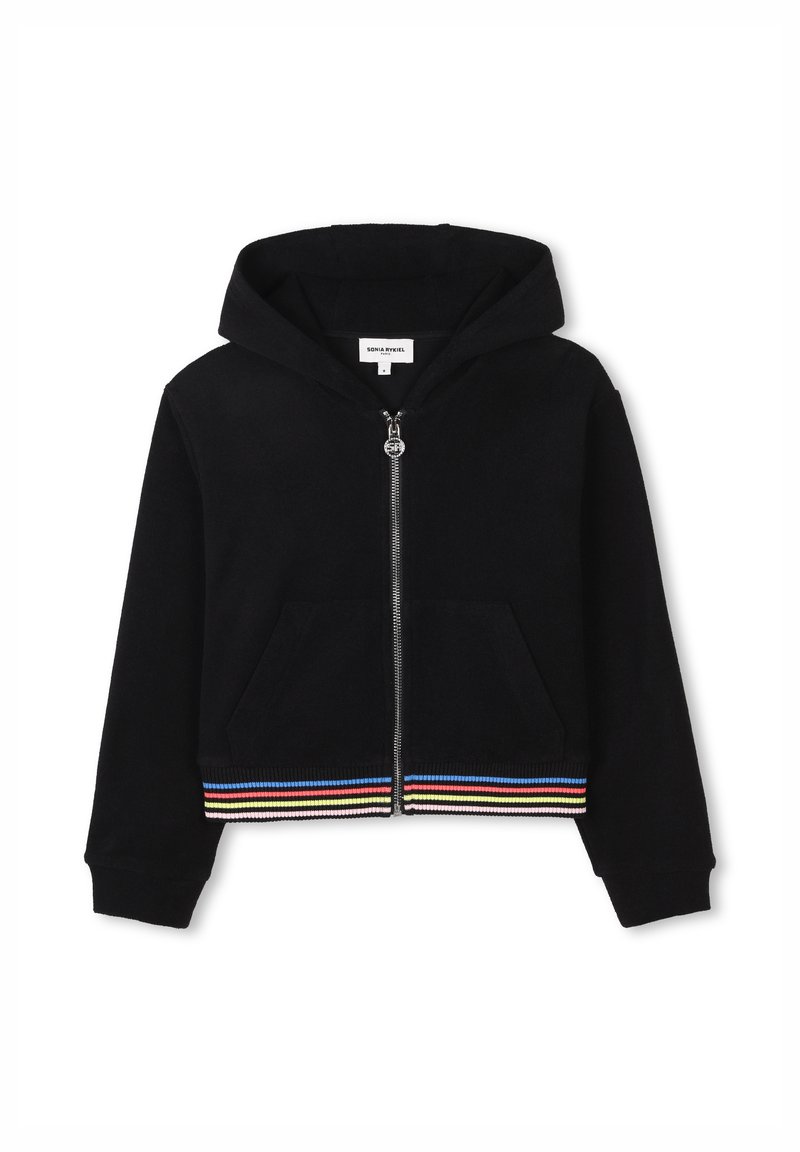 Black zip-up hoodie with a front zipper, two side pockets, and a multicolored striped hem. Features a relaxed fit and hood.