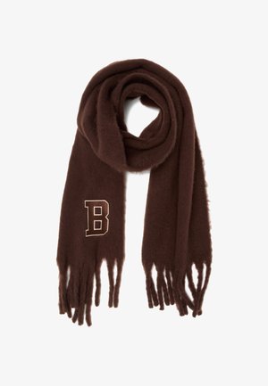 Écharpe en laine marron avec des bords frangés et une lettre "B" brodée dans une teinte plus claire, présentant une finition douce et texturée.