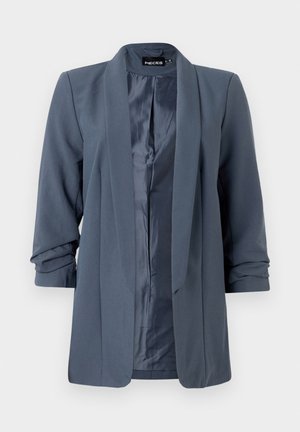 Grauer Blazer mit einem Schalkragen, langen Ärmeln und offenem Vorderteil. Glattes Material mit einem subtilen Glanz. Umgeschlagene Ärmel betonen das Design.
