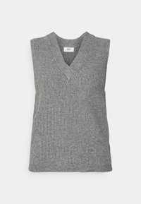 Grauer ärmelloser Strickpullover mit V-Ausschnitt, der über eine gerippte Struktur und einen lockeren Schnitt verfügt. Eignet sich ideal für das Layering in verschiedenen Outfits.