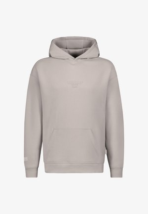 Light gray hooded sweatshirt made of soft fabric. Features a front pocket and ribbed cuffs and hem. Subtle embossed logo on the chest.