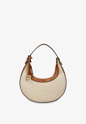 Halvemaanvormige beige geweven handtas met bruine leren bies, enkele bovenste handgreep, gouden "P" bedel en Picard-logo aan de voorkant.
