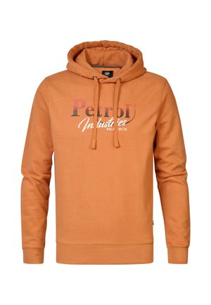 Oranje hoodie met een trekkoordcapuchon, ribgebreide mouwen en een grafische print met "Petrol Industries" in verschillende kleuren. Zachte stof.